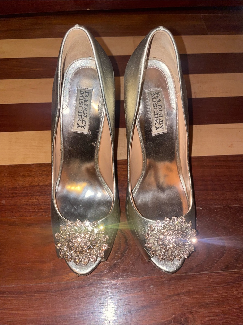 Badgley Mischka Metallic Gold Jeweled Peep-Toe Pumps